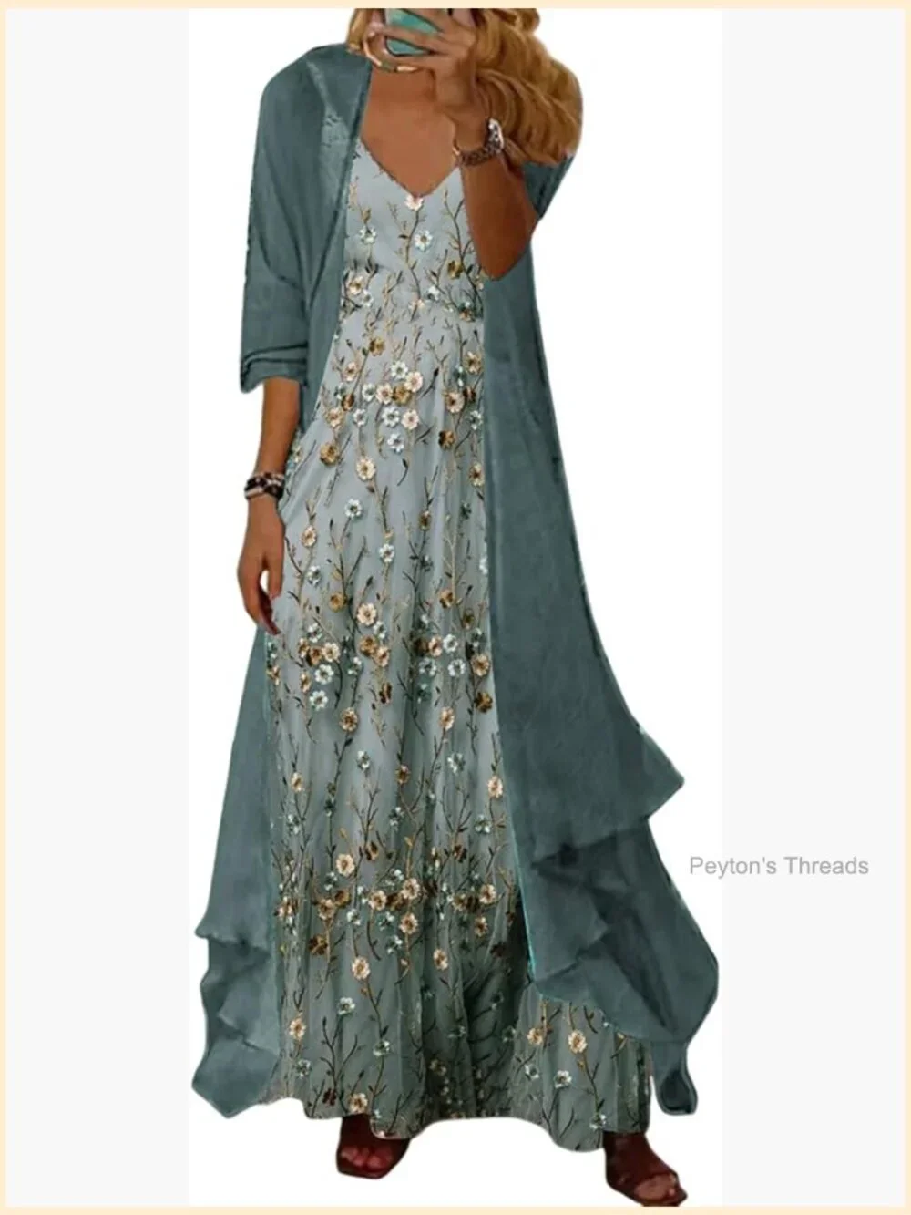 2 Piece Maxi Dress Set with Sheer Cardigan Sleeveless Flowy